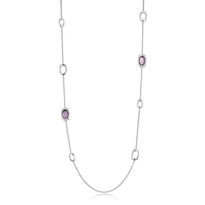 Rhodium-plated Sterling Silver Genuine Amethyst & Cubic Zirconia Station Long Necklace