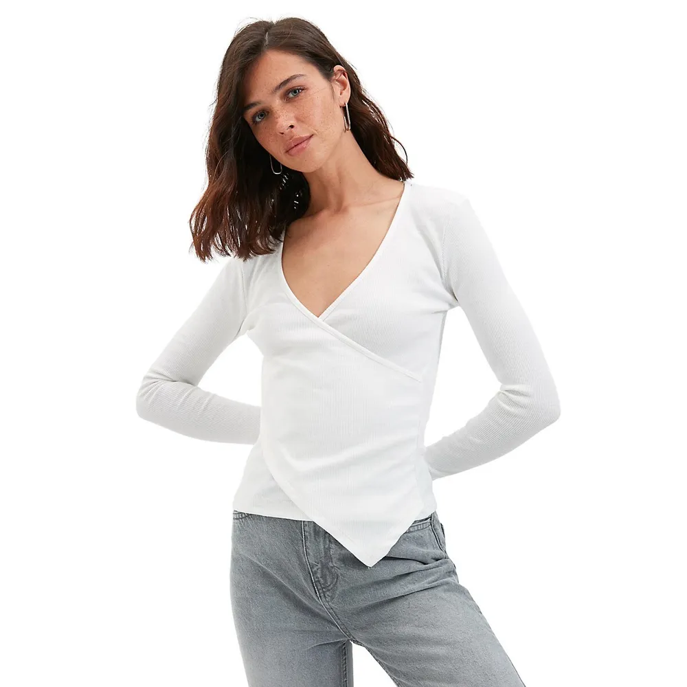 Women Slim Fit Asymmetrical Cache-coeur Knitted Blouse