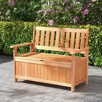 48 Inch Patio Storage Bench Wood Loveseat With Slatted Backrest For Backyard