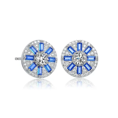 Sterling Silver Blue And Clear Cubic Zirconia Stud Earrings