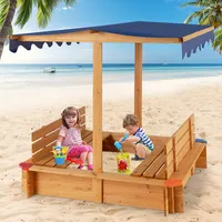 Kids Wooden Sandbox W/ Canopy & 2 Bench Seats Bottom Liner For Outdoor