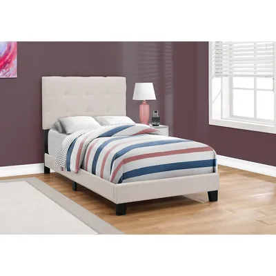 Bed, Twin Size, Platform, Teen, Frame, Upholstered, Linen Look, Wood Legs, Transitional