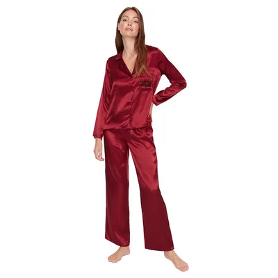 Women Plain Pocket Detailed Medium Woven Shirt-trousers Pajama Set