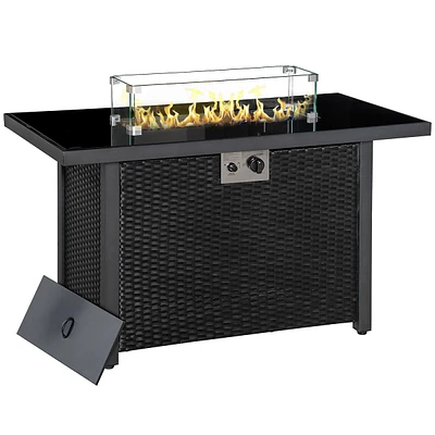 Rattan Fire Pit With Glass Wind Guard Volcanic Rock