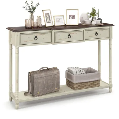 Farmhouse Console Table Entryway Sideboard With 3 Drawers & Open Storage Shelf