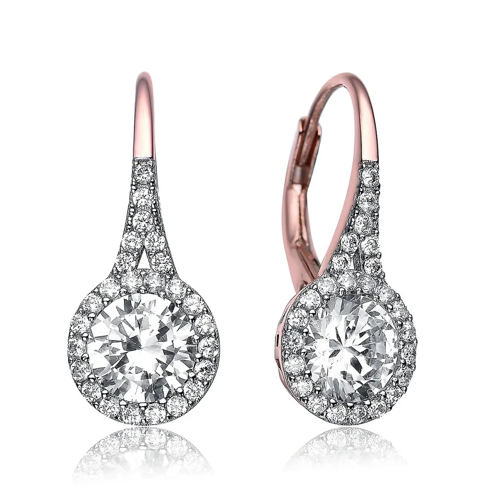Sterling Silver With Clear Cubic Zirconia Halo Leverback Drop Earrings