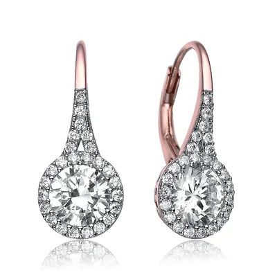 Sterling Silver With Clear Cubic Zirconia Halo Leverback Drop Earrings