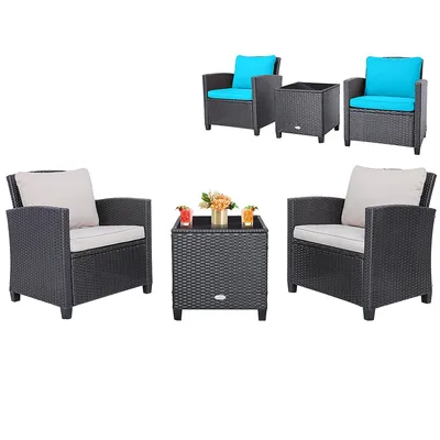 3pcs Patio Wicker Furniture Set With Beige &turquoise Cushion Covers Balcony