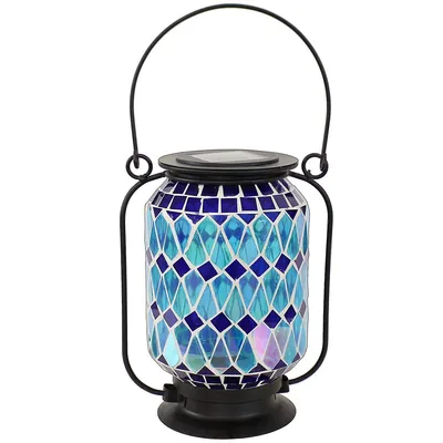 Cool Blue Mosaic Glass Solar Led Lantern - Outdoor Decor - 8-inch