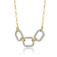 14k Yellow Gold Plated With Cubic Zirconia Pave Geometric Oval Chain Necklace