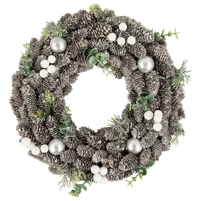 White Berry And Pinecone Foliage Christmas Ornament Wreath, 12.5-inch, Unlit