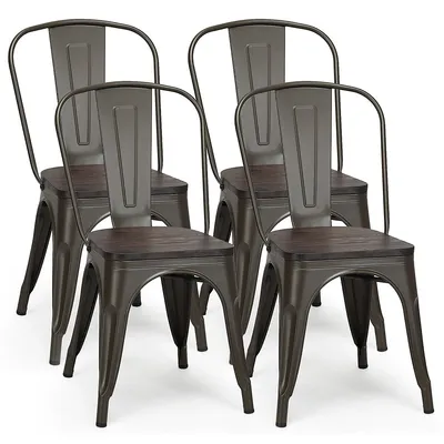 Costway Set Of 4 Tolix Style Metal Dining Side Chair Wood Seat Stackable Bistro Cafe Gun