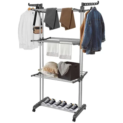 Foldable 3-tier Metal Drying Rack With 4 Casters, Portable Clothes Rack With Side Hooks For Putting Clothes Quilts Shoes