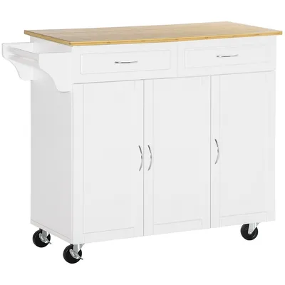 Rolling Kitchen Island Cart Bamboo Countertop And 2 Drawers