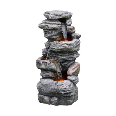Teamson Home Water Fountain Outdoor 3-tier Stacked Stone-look Tall Waterfall With Led Lights, Gray