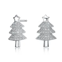 Sterling Silver White Gold Plating With Clear Cubic Zirconia Pave Christmas Tree Earrings