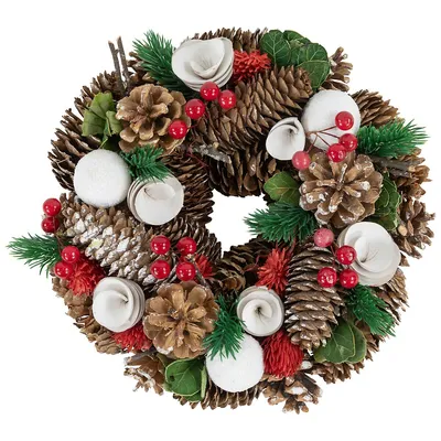 White Wooden Rose, Pine Cone And Berry Artificial Christmas Wreath, 10-inch, Unlit