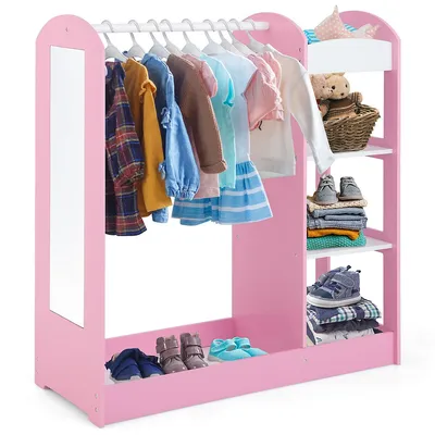 Kids Dress Up Storage Hanging Armoire Dresser Costume Closet W/ Mirror Shelves Pink