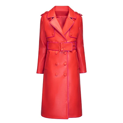 Red Trench Coat With Pink Piping Details