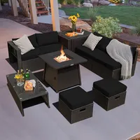 9pcs Patio Rattan Furniture Set Fire Pit Space-saving W/cover Off White Cushion