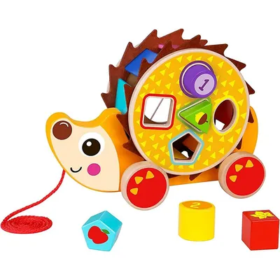 Wooden Hedgehog Pull Toy - 7pcs Pull-along With Shapes Sorter, Ages 12m+