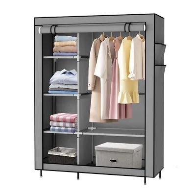 Portable Wardrobe Clothes Organizer Closet,storage Shelves Non-woven Fabric Cover With Hanging Rod