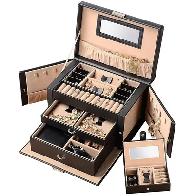 Lockable Jewellery Box 20 Compartments Leather Showcase Storage Organizer Case (3 Layers /black)