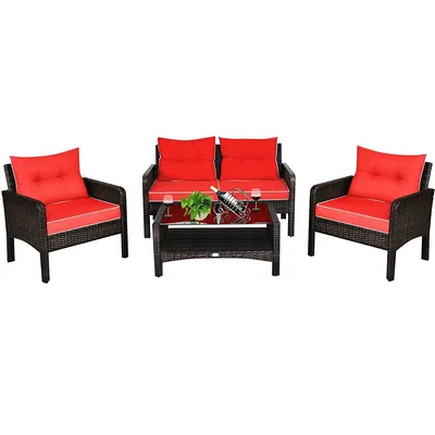 4pcs Patio Rattan Furniture Set Loveseat Sofa Coffee Table Garden
