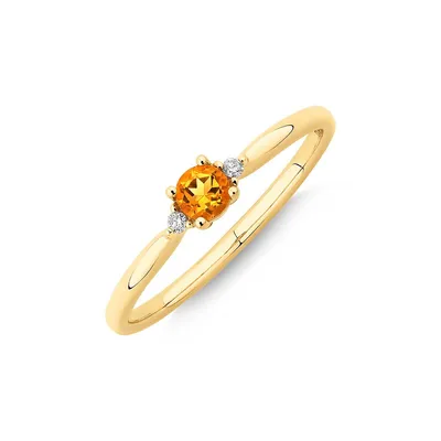3 Stone Ring With Citrine & Diamonds In 10kt Yellow Gold