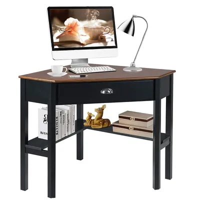 Triangle Computer Desk Corner Office Laptop Table W/ Drawer Shelves