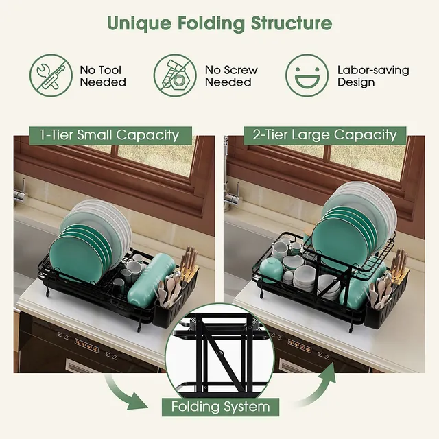 Costway Over Sink Dish Drying Rack 2 Tier Adjustable (21''-39'') Length w/  8 Hooks