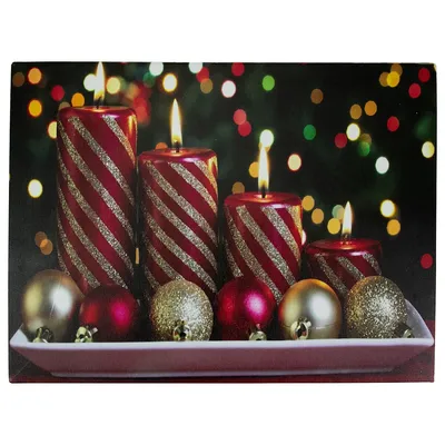 Led Lighted Red And Gold Christmas Candles Display Canvas Wall Art 11.75" X 15.75"