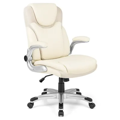 Ergonomic Office Chair Pu Leather Executive Swivel With Flip-up Armrests Beige