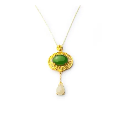 Natural Green And White Jade Oval Shaped Two Tier Pendant With 18k Gold Plated Necklace