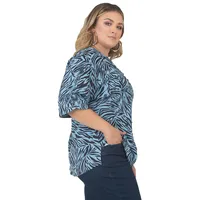 Plus Button-front Shirt V-neck Rolled 3/4 Sleeve Blue & Black Zebra Print