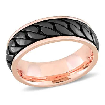 Men's Ribbed Design Ring Rose Plated Sterling Silver With Black Rhodium Plating