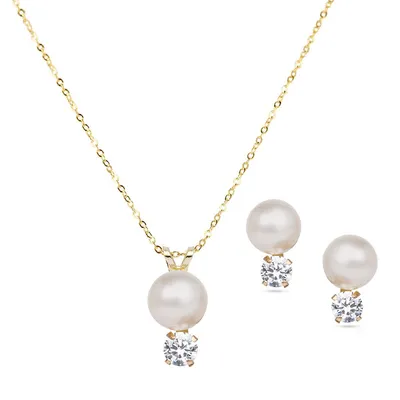 10kt Gold Plated With Pearl And Cubic Zirconia Set