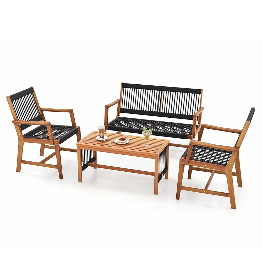 Costway Patio 4pcs Acacia Wood Conversation Table & Chair Set Hand-woven  Rope Outdoor