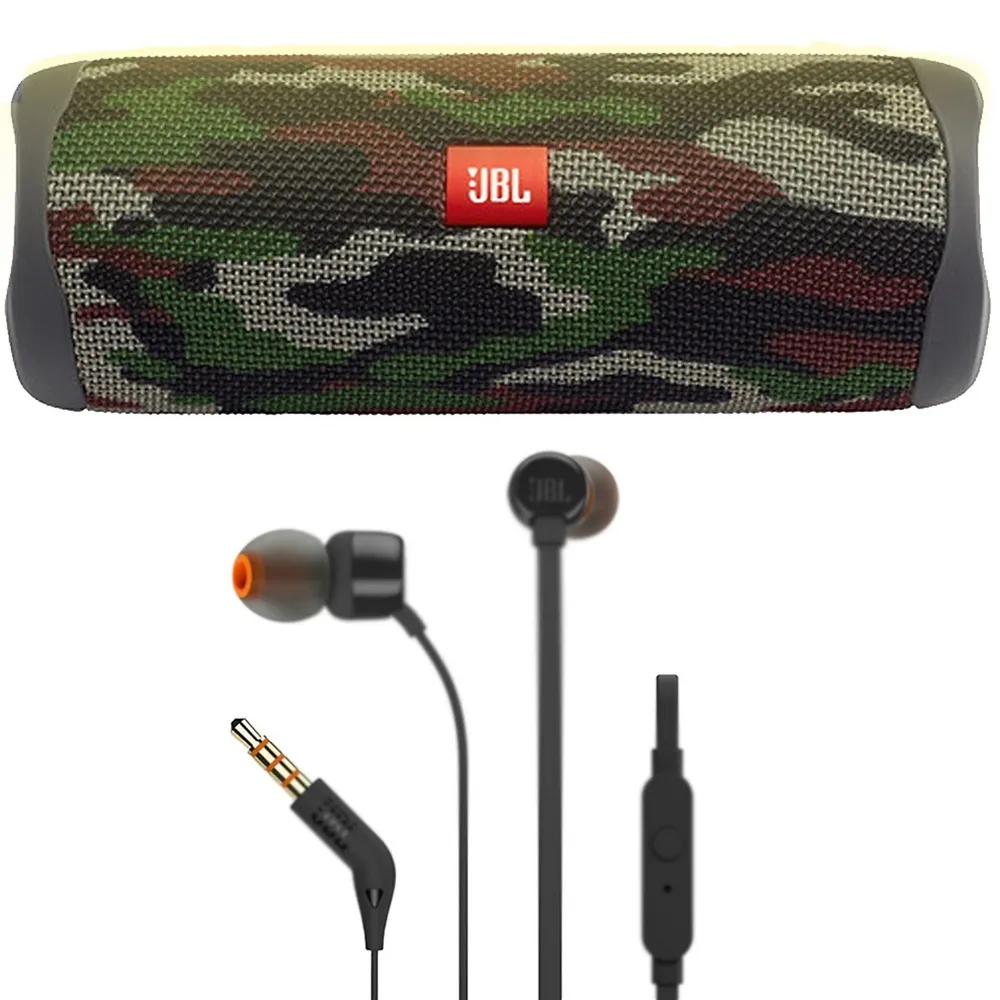 Jbl Flip 5 Waterproof Bluetooth Speaker Squad + Jbl T110 In Ear Headphones