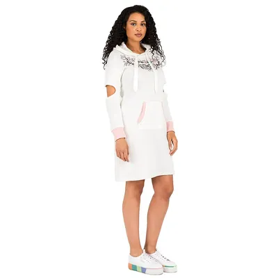 Curvy Hoodie Dress With Cold Elbow Cut-out And Embroidery