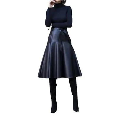 Faux Leather Belted Midi Allas Skirt