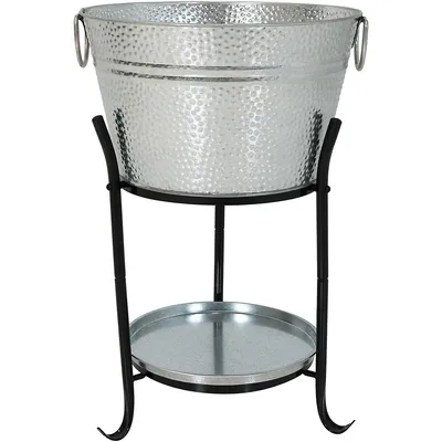Ice Bucket Drink Cooler With Stand And Tray - Pebbled Galvanized Steel