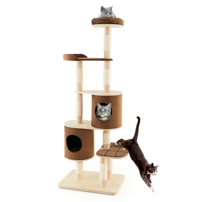 75" Multi-layer Wooden Cat Tree Indoor Tower Activity Play Center With 2 Condos