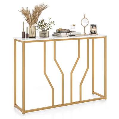 44" Gold Console Table With Faux Marble Tabletop Golden Metal Frame For Entrance