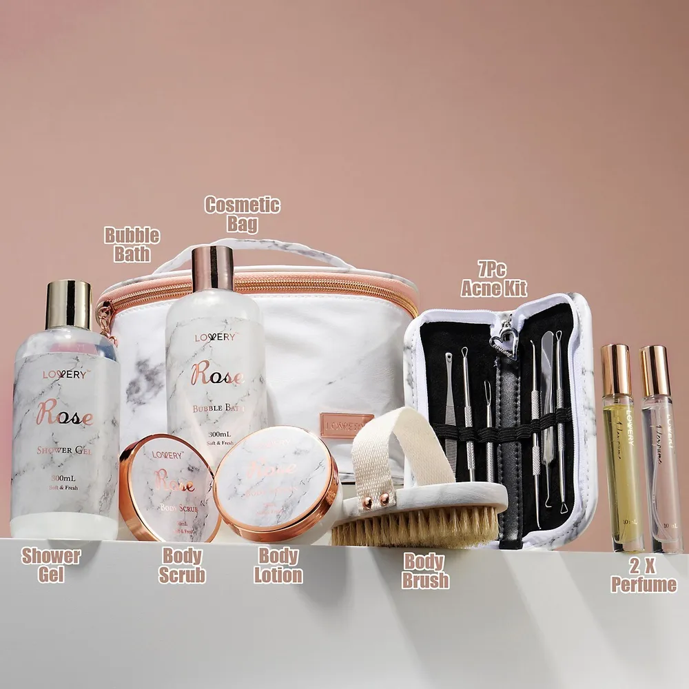 Lovery Luxe 16pc Bath and Body Set with Cosmetic Bag, Perfumes and More, Rose Spa Kit, Gold