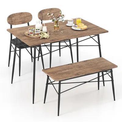 4 Piece Dining Table Set With Bench & 2 Faux Leather Upholstered Chairs For Kitchen