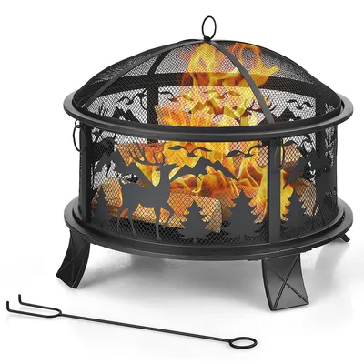 Costway 26" Outdoor Fire Pit Wood Burning Metal Firepit Bowl W/ Spark Screen, Poker