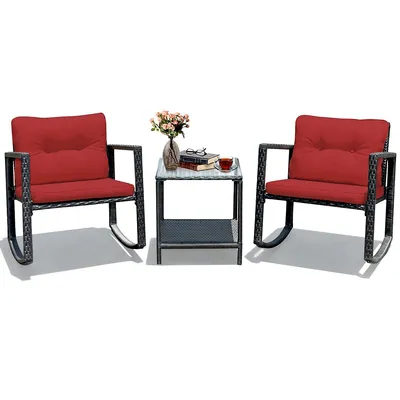 3pcs Patio Rattan Conversation Set Rocking Chair Cushioned Sofa Garden Furniture