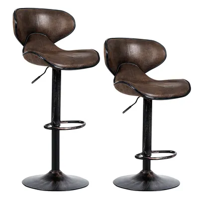Set Of 2 Adjustable Bar Stools Swivel Bar Chairs With Back&footrest Retro Brown