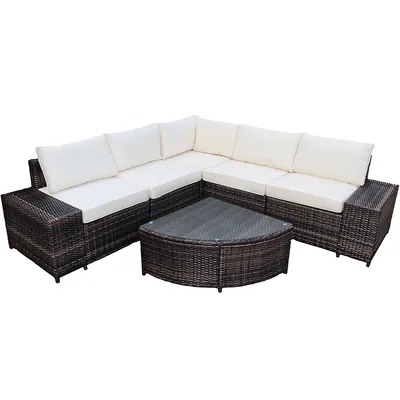 6pcs Rattan Furniture Set Conversation Cushioned Sofa Armrest Garden